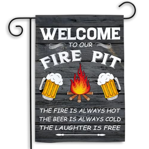 MAIANEY Welcome to Our Fire Pit Garden Flag - Fall Outdoor Yard Decor for Campfire Lovers, Cozy Patio Backyard Gathering Sign, Autumn Seasonal Decoration for Home – 12x18 Inch Double Sided Polyester