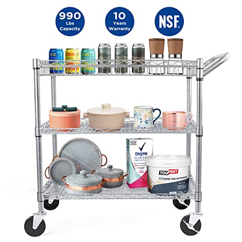 Wdt Commercial Grade Heavy Duty Utility Cart 990Lbs Capacity, 3 Tier Wire Rolling Cart With Wheels, Metal Service Carts With Handle Bar,Shelving Liners,Hooks For Kitchen, Restaurant #TOP1
