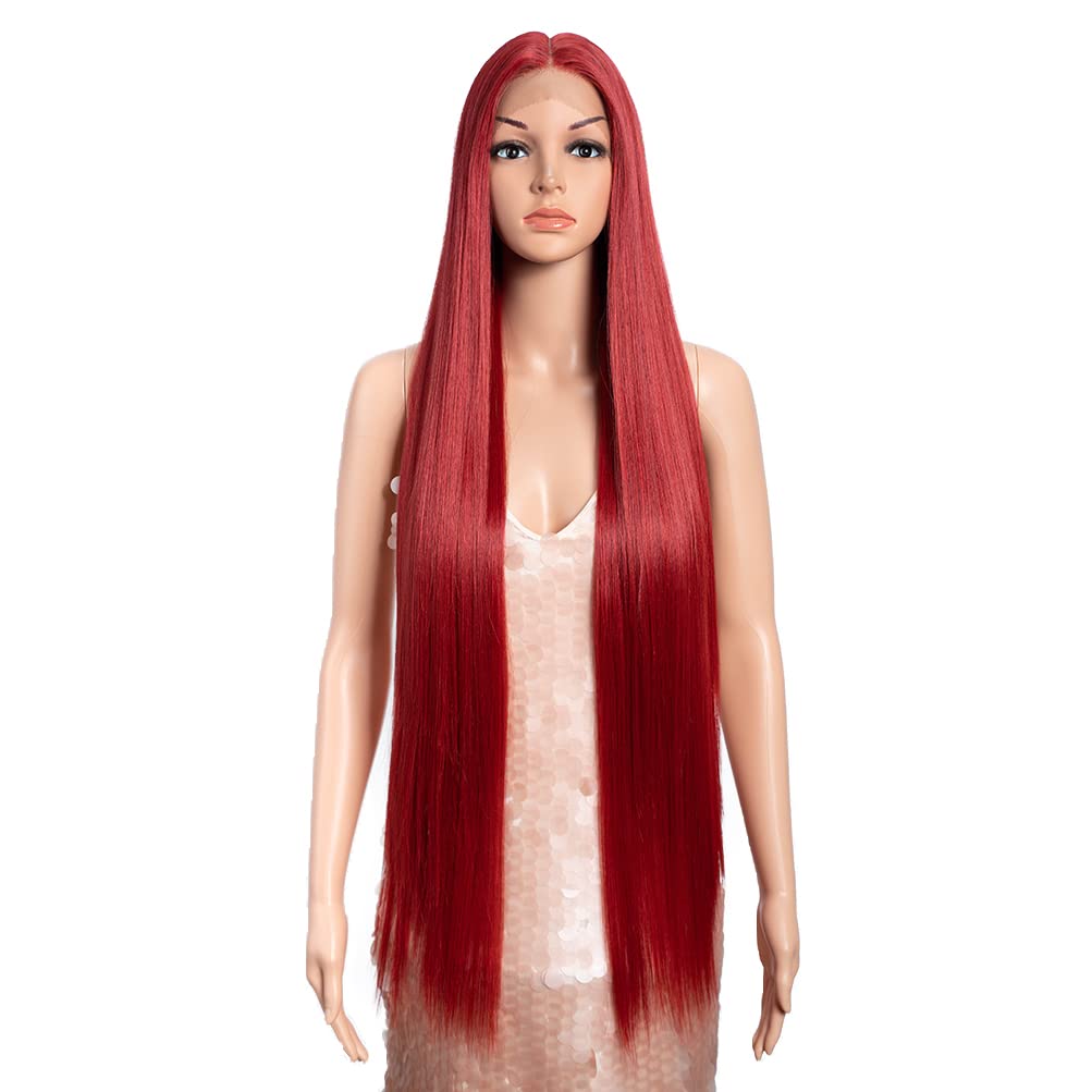 Style Icon 38" Super Long Straight Wigs Lace Front Wigs 6" Deeper Middle Part Lace Hairline Red Synthetic Wig (38", M.RED COLOR)