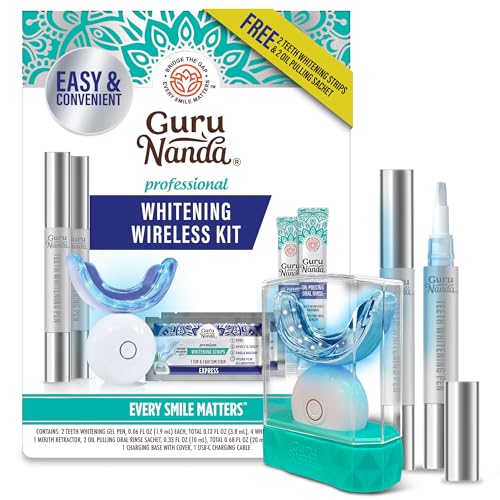 GuruNanda Professional Teeth Whitening Wireless Kit with LED Light & Whitening Pen, Helps Remove Surface Stains from Coffee, Food, Soda, 40 Treatments