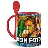 Tasse selbst individuell gestalten/Personalisierbar mit eigenem Foto Bedrucken/Fototasse/Motivtasse/Werbetasse/Firmentasse mit Logo/Löffeltasse Klassik Rot - XXL Druck