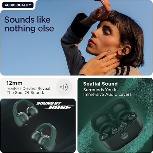 Image of Motorola Moto Buds Loop TWS (Green) | Sound by Bose, Open-Ear Fit | 12mm Drivers, Dual Mic AI | 31H Playtime, Quick Charge | IPX4 Water Resistant | Comfortable Fit | Low Latency Mode | Reliable Build