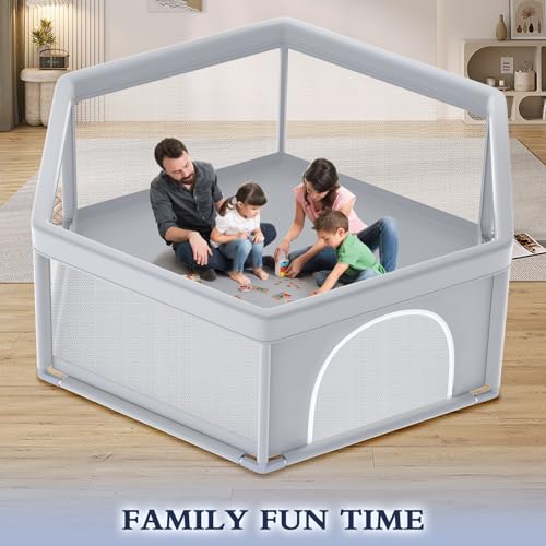 Image of XVISHX 65x65 Inch Hexagonal Baby Playpen, Playpen for Babies and Toddlers, Baby Play Pen Playard for Indoor & Outdoor Active Center Game Fence, with Skin-Friendly Fabric and Soft Breathable Mesh