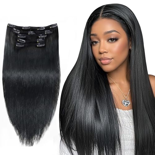 Image of LaaVoo Yaki Straight Clip in Hair Extensions Real Human Hair Jet Black - Textured Yaki Mimicking Relaxed African Hair for a Natural Voluminous Look 100g 5pcs 18 Inch