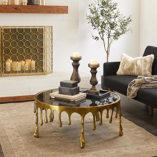 Image of Deco 79 Aluminum Metal Living Room Coffee Table Drip Table with Melting Designed Legs and Shaded Glass Top, Center Table 36 inch x 36 inch x 16 inch, Gold
