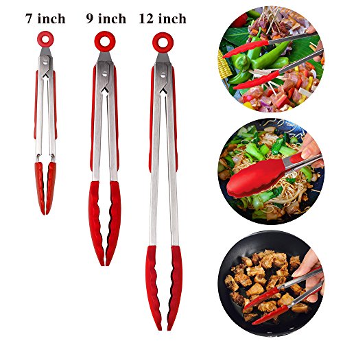 Hot Target Set of 3-7, 9, 12 inches, Red Color, Heavy Duty, Non-Stick, Stainless Steel Silicone BBQ and Kitchen Tongs. Heat resistant up to 600°F (3 COLORS AVAILABLE)