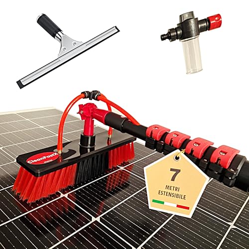 CleanFastX ITALIA | Kit Pulizia Pannelli Fotovoltaici | Estensibile 7 Metri | Spazzola per Lavaggio Tapparelle Vetrate Camper Barca Pannelli Solari | Idrospazzola con Dispenser di Sapone Integrato
