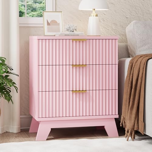 Image of Xixini Fluted Nightstand, 24 inch Wide Side Table with 3 Large Storage Drawers, Mid Century Modern Wood Night Stand with Metal Handle, Wooden Bedside End Table for Bedroom, Pink