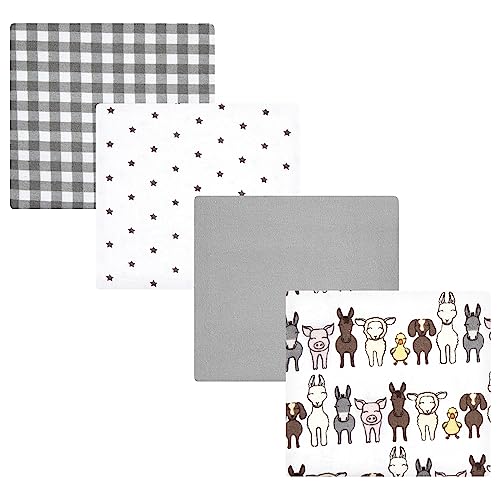 Image of Hudson Baby Unisex Baby Cotton Poly Flannel Receiving Blankets, Farm Friends Grey, One Size