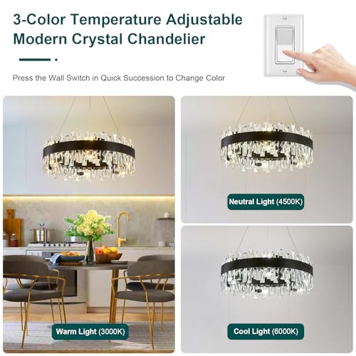 Image of AioTio Modern Crystal Chandelier, D23.6'' Black Round Farmhouse Industrial Hanging Chandelier, K9 Crystal Raindrop Adjustable Chandeliers for Dining Room,Bedroom, Kitchen Island,Living Room,Foyer