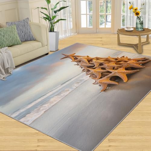 Christmas Tree Starfish Rugs for Bedroom 5x7ft Coastal Holiday Beach Area Rug, Sunset Sea Rugs for Living Room, Indoor Non-Slip Rug, Machine Washable Carpet for Front Entrance Floor Decor