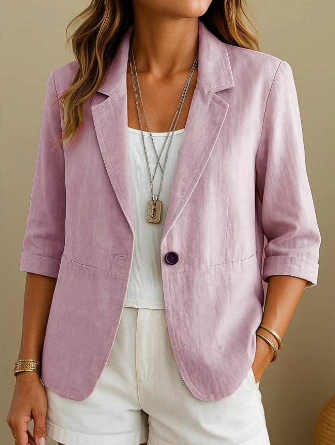 Blazer De Mujer - Blazer De Lino Y Algodón para Mujer Cárdigan Abierto con Mangas 3/4 Informal para Trabajo Y Oficina Elegante Y Ligero para Verano con Bolsillos Ribeteados.