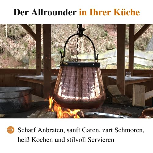 Foto von CopperGarden Kupferkessel 10 L mit Henkel I Robuster Kessel aus blankem Kupfer: Ideale Wärmeleitung & -verteilung I Lebensmittelechter Feuerkessel für Gulasch/Feuerzangenbowle uvm.