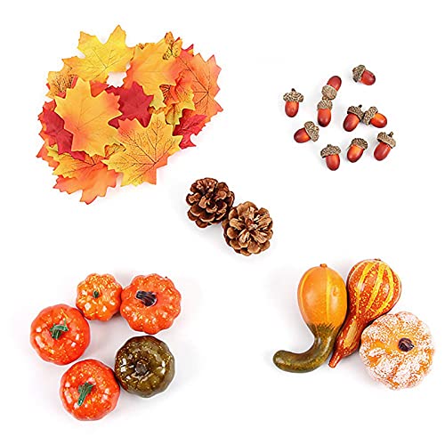 Fall Harvest Decor - Artificial Autumn Gourds, Pumpkins, Pine Cones, Leaves, Acorns and Berries Fall Decorating Kit Thanksgiving Halloween Party Decor