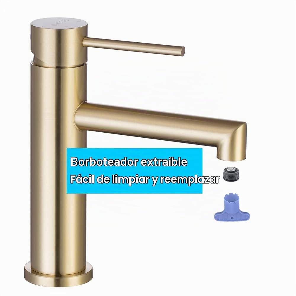 ONECE Grifo de Lavabo Oro, Grifería Baño Monomando Dorado | Mezclador de Acero Inoxidable 304 Anti-ruido, Aireador Extraíble, Agua Fría y Caliente, Válvula de Cerámica