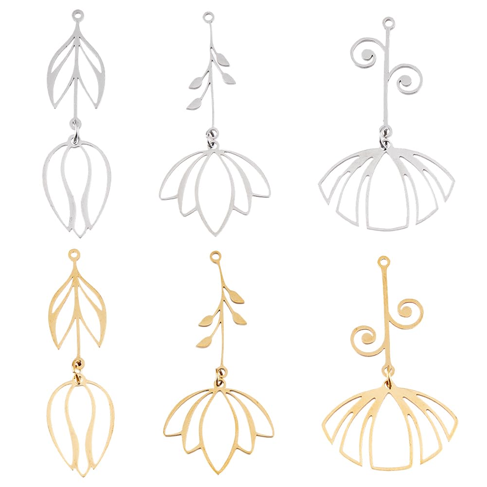 SUPERFINDINGS 6Pcs 3 Styles Hollow Flower Charm Stainless Steel Cute Dangle Charms Gold Silver Big Plant Charms Vintage Charms Open Back Bezel Pendants for Jewelry Making