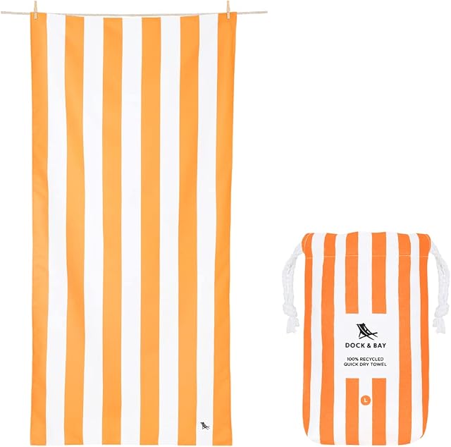 Dock & Bay Beach Towel - Quick Dry, Sand Free - Compact, Lightweight - 100% Recycled - Includes Bag - Cabana - Ipanema Orange - Large (160x90cm, 63x35)