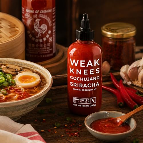 Image of Weak Knees Gochujang Sriracha Hot Sauce - Infused with Bold Korean Gochujang Paste & Classic Spicy Sriracha for Noodles, Rice & Marinades - Made in the USA - 10.5oz Squeeze Bottle
