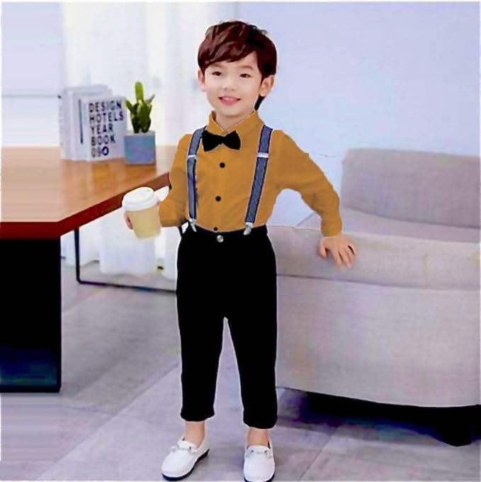 Image of SAGAR IMPEX Boys Cotton Blend Solid Full Sleeves Shirt and Pant Set with Suspender and Bow Tie | Clothing Set for Boys