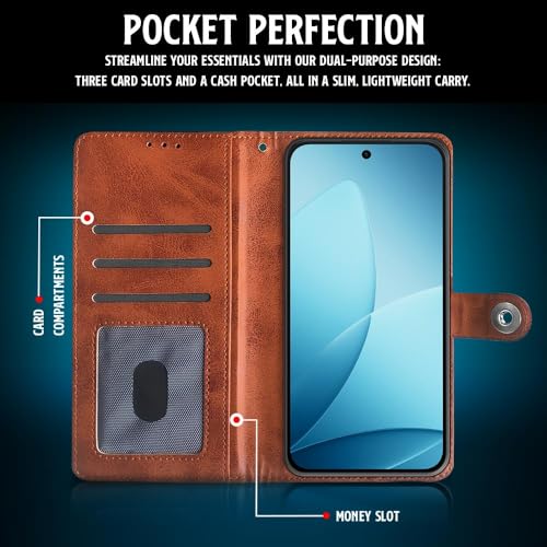 Image of WOW IMAGINE Shock Proof Flip Cover Back Case for Oppo F33 Pro 5G (Magnetic Button Flip Case | Wallet Pockets & Stand | Leather Finish | Alder Brown)