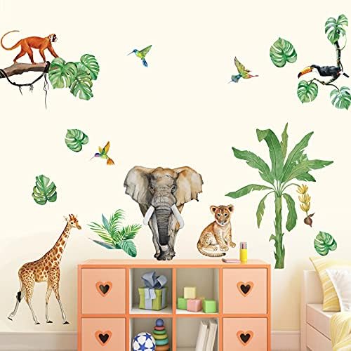 decalmile Jungle Animals Wall Decals Elephant Giraffe Tropical Leaves Wall Stickers Living Room Baby Nursery Kids Room Wall Decor