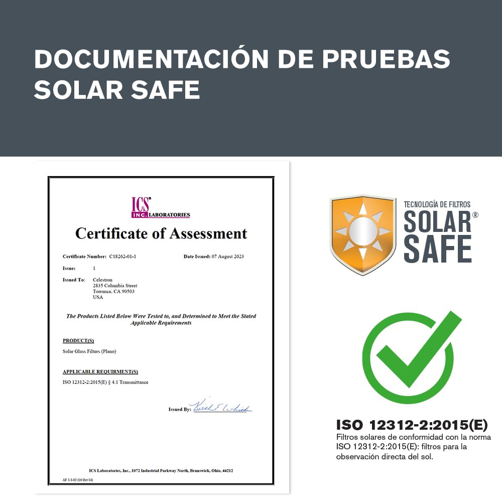 Celestron 71238 EclipSmart, prismáticos solares Porro 10x42 - según Norma ISO 12312-2, Superficie sujeción Goma, óptica Revestimiento Multicapa, Prisma BK7, Correa para Cuello y Estuche Ligero, Negro