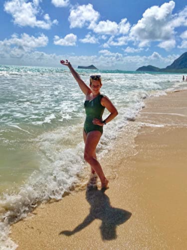 Model wearing bathing suits with tummy control for curvy figures.