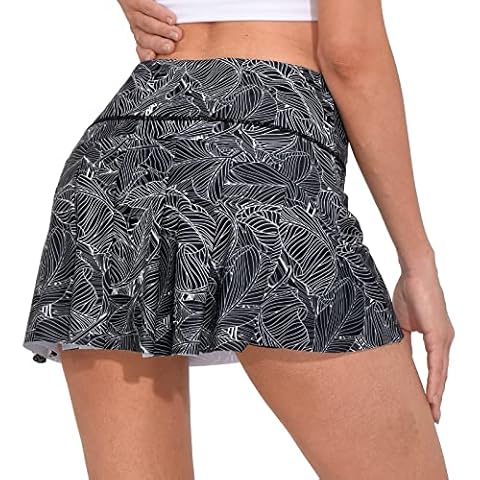 M MOTEEPI Pleated Tennis Skirt for Women 13" High Waisted Golf Skorts Skirts with Pockets Shorts Athletic, Black Leaf, XX-Small Cover