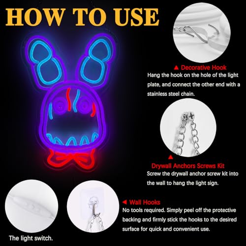 Image of GTOTd Horror Rabbit Purple Wall Art Lamp Led Neon Sign Night Light | Classroom Bedroom Kids Room Decor Gifts Merch Party Supplies for Wall Decorative Acrylic USB Powered Living Room Shop Bar