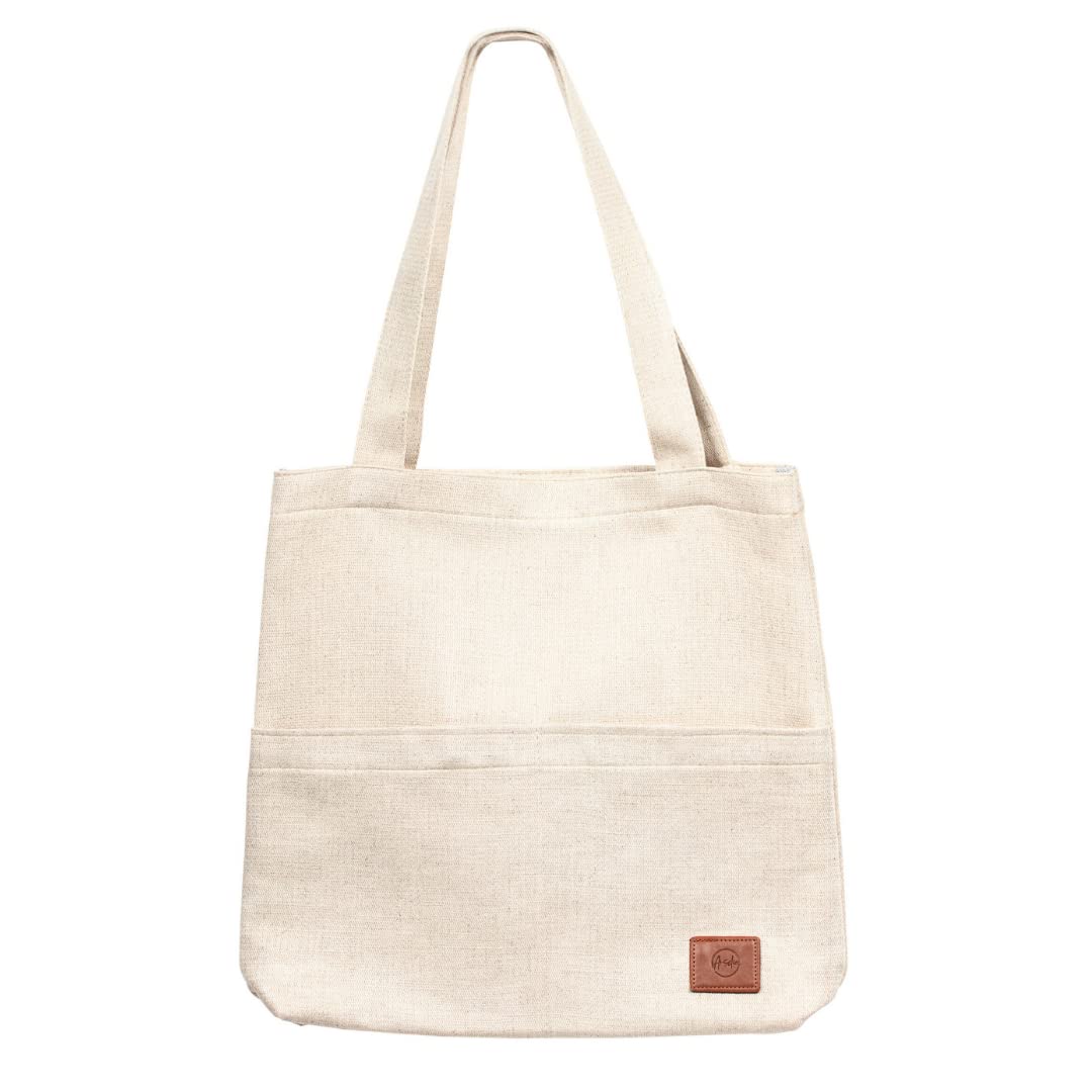 Arselia Natural Products Tote Bag, Luxury Grocery Bag, Multi Pocket, Custom Linen Beach Bag, Organizer Shoulder Bag, Shopping Bag, Beige X-Large