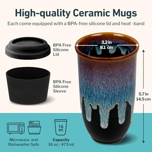 Image of NOVA CERAMICS Coffee Tumbler - Travel Mug - On the Go Coffee Mug - Microwave & Dishwasher Safe Green Coffee Tumbler - Gifts For Women Men Him Her - 16oz - Monsoon