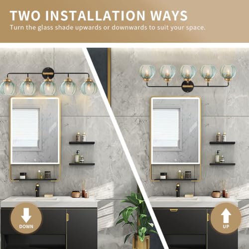 Image of 5-Light Bathroom Vanity Light Green Wall Lights Glass Globe Shade | Mid Century Modern Vintage Wall Sconce Vanity Lights 27.2Inch Long, 5.9Inch Glass Shade E26 Base,Over Mirror Bedroom Hallway