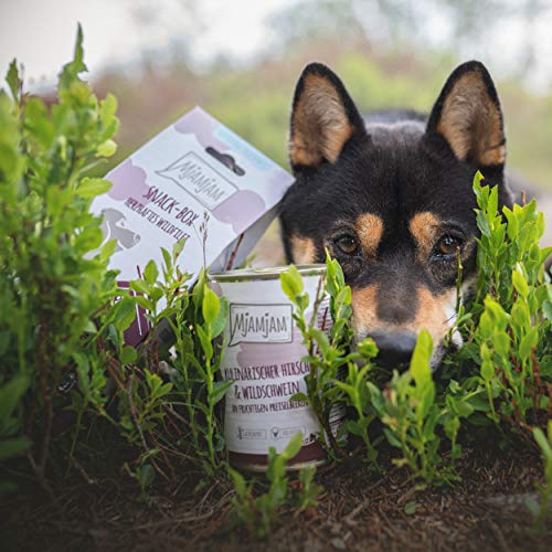 MjAMjAM - Premium Nassfutter für Hunde - kulinarischer Hirsch & Wildschwein an Preiselbeeren, 6er Pack (6 x 400 g), getreidefrei mit extra viel Fleisch