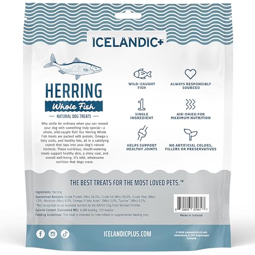 Image of Icelandic+ Whole Fish Herring 9oz Bag, Wild-Caught Air-Dried Dog Treats | Pure Single Ingredient Snack, High Protein & Omega-3 for Healthy Skin, Grain-Free Dental Chews for Dogs and Puppies