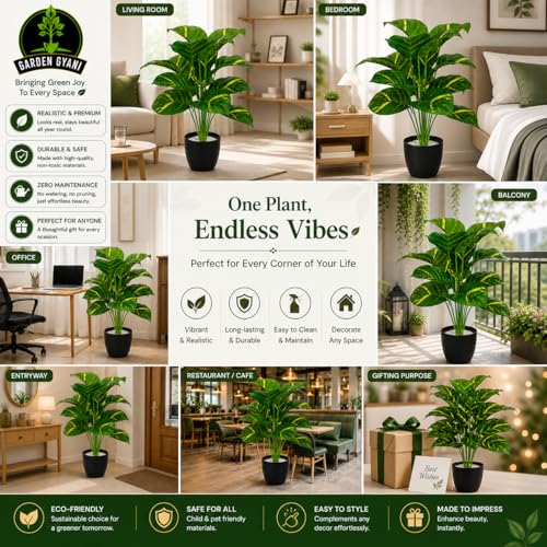 Image of Artificial Calathea Orbifolia Plant with Black Pot - 75 cm Tall Faux Tropical Decorative Plant with 18 Leaves for Home, Office, Balcony & Living Room Decor