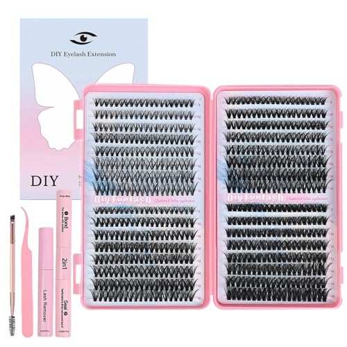 620Pcs DIY Eyelash Extension Kit D Curl Lash Clusters Extension Kit 9-16mm Cluster Eyelash Extension with Lash Bond and Seal and Tweezers DIY at Home (620)