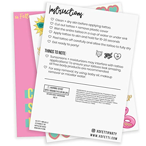 xo, Fetti Summer Pool Party Temporary Tattoos for Kids - Glitter styles | Birthday Party Supplies, Beach Party Favors + Tropical Decor