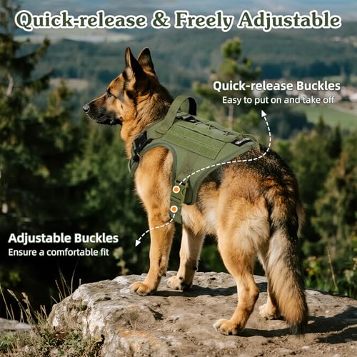 VavoPaw Taktisch Hundegeschirr, Einfach Kontrolle & Anti Zug Hundegeschirr mit Molle Panel und Reflektierend Streifen, Taktisch Weste für Hunde Training, Wandern, Jagd, Outdoor, Armeegrün, L