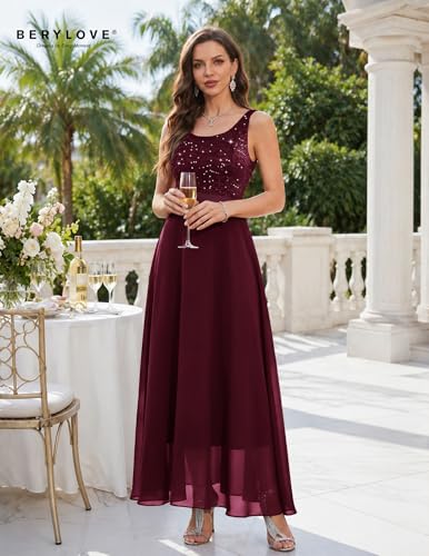Image of BeryLove Sequin Dress for Woman Vintage A Line Wedding Formal Swing Mesh Dress Sleeveless Cocktail Maxi Gowns