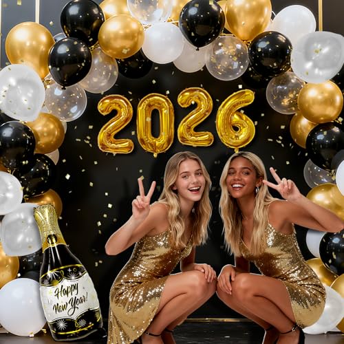 2026 New Year Eve's Party Supplies Balloons Include Golden Larger 32 inch 2026 Balloons, Black Gold and White Balloons, Champagne Bottle for 2026 Happy New Year Eve Party Celebration Decoration - Image 7