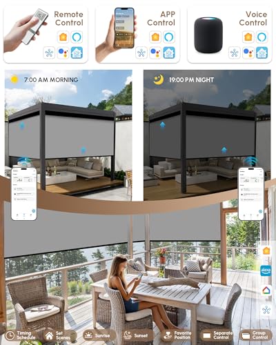 Image of Kincmo Motorized Outdoor Shades for Patio Porch, Custom Outdoor Motorized Blinds with Remote, Waterproof & Windproof Patio Shades Work with Apple Home,Alexa,Google (Grey-0% Openness)