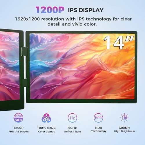 Image of 14 Inch Laptop Screen Extender, Portable Triple Monitor for 11-17 Inch Laptops, 1920x1200 IPS Foldable Display with 360 Rotation, USB-C (DP Alt Mode) and HDMI for Windows and Mac