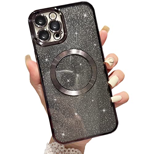 aowner Magnetic Case for iPhone 13 Pro Max Glitter Case, Luxury Plating Cute Bling with Camera Lens Protector, Compatible with MagSafe, Slim Thin for Women Girls Protective Clear Phone Case, Black