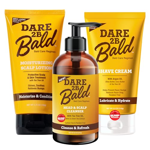 Image of Dare 2B Bald Complete Head Care Trio | Cleanse, Shave, Moisturize | Tea Tree Oil Bald Head Regimen for Men | Scalp Cleanser 8 oz, Shave Cream 5 oz, Moisturizer Lotion 4.75 oz