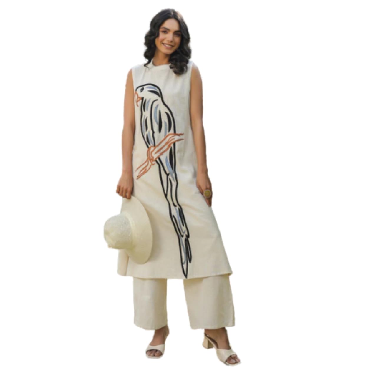 Women's Cream Color Khadi Cotton Kurti with Traditional Dancer Doll Embrodery Work, V-Neck, 3/4 Sleeves, Casual Wear Kurta Set