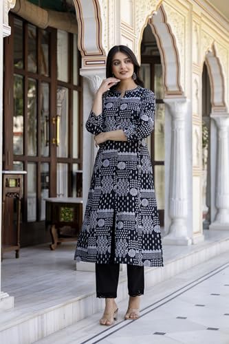Image of Pistaa's Women Printed Mandarin A-Line Cotton Kurta With Palazzos