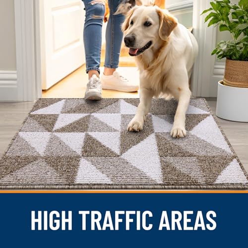 Image of OLANLY Door Mat Indoor Entrance Washable 32x20, Odor-Free Low-Profile Front Back Geometric Doormat, Absorbent Resist Dirt Entry Carpet, Easy to Clean Sturdy Inside Floor Mats for Entryway, Brown