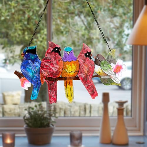 Image of DASTOLL Stained Glass Window Hanging - Large Stained Glass Birds on Branch, Birds Sun Catchers Indoor Window with Chain and Hook Gifts for Bird Lover, Mom, Grandma, Stocking Stuffers for Women