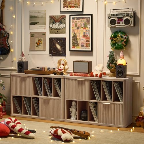 Image of LEYAOYAO Large Record Player Stand with Vinyl Storage Up to 450 Albums, Wood Fluted Boho Record Storage Accent Cabinet, Modern Stereo Media Cabinets, Wide Turntable Stand for Living Room, Natural Oak