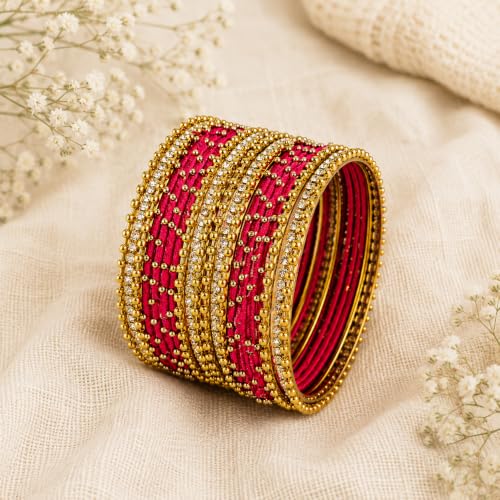 Image of NMII Non-Precious Metal with Base Metal and Zircon Gemstone Studded Ball Chain Linked Glossy Finished Silk thread Bangle set for Women and Girls
